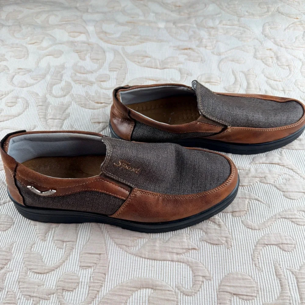 Sport Mens Slip On Loafers Casual Walking Shoes Brown Faux Leather Fabric Mix 9M